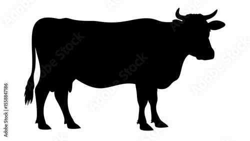 Silhouette of a standing cow with short horns and a tail, facing right, on a white background, showing the full body