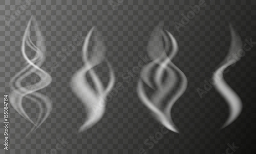 Realistic smoke, steam illustration set with soft flowing shapes and transparent textures. Overlays, special effects, hot drinks, cooking fume waves