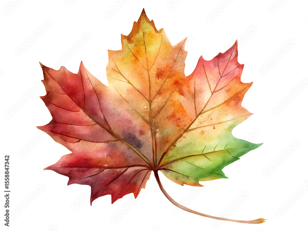 Fototapeta premium Watercolor Autumn Maple Leaf with Vibrant Red Orange Yellow and Green Hues on Transparent Background, Watercolor Clipart Illustration With Isolated Background..