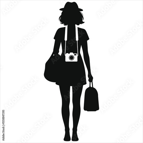 A stylish woman traveler silhouette stands with a camera and bags, isolated on white background