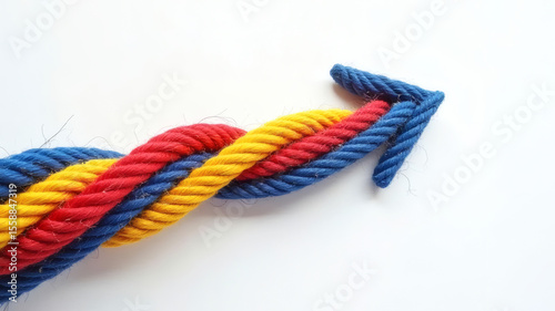 Group of Colorful Ropes Coming Together to Form Direction Arrow Teamwork Concept