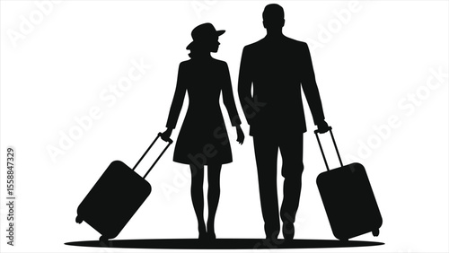 A stylish couple in silhouette walks together, pulling their suitcases, isolated on white background