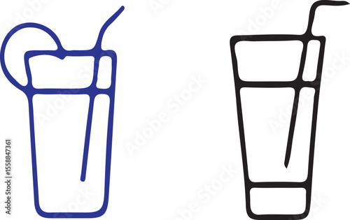 Two simple line drawings of drinks with straws and garnish