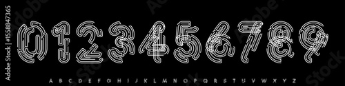 Font Logo Numbers Numeric Alphabet Typography Design Vector Type Typeface. Glitch layered digits with chaotic circuit lines for cyberpunk poster, tech noise branding, music graphic, hacker UI overlay