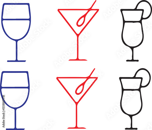 Illustration of six stylized cocktail glasses in two rows