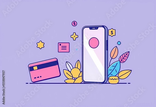 Flat outline style illustration of mobile phone, credit card, and online payment interface elements,  button,  digital transaction