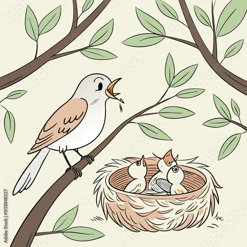 Mother Bird Feeding Baby Chicks in Nest