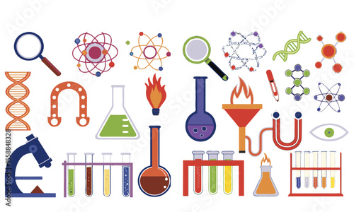 Science editable stroke outline icons set. Laboratory, research, scientist, physics, chemistry, biology, experiment and telescope.