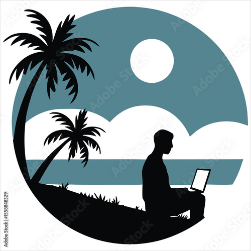 A man works on his laptop on a tropical beach, a silhouette against a blue and white background