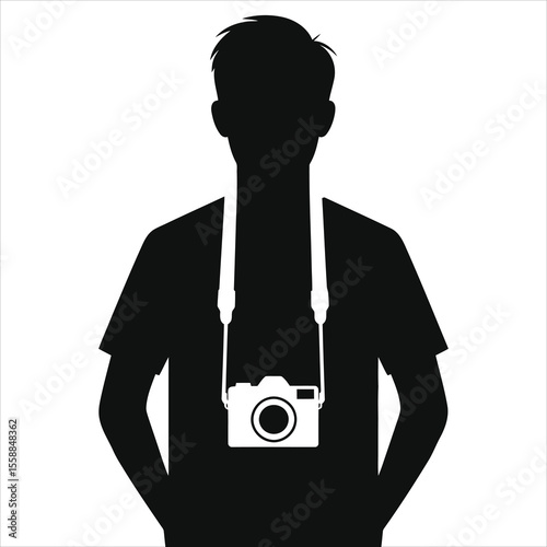 A silhouette of a man with a camera hanging around his neck, isolated on white background