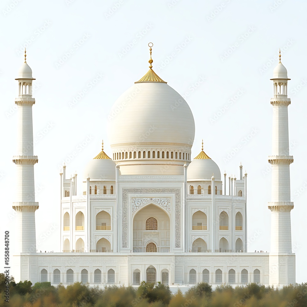 Fototapeta premium Majestic white mosque with golden accents, two minarets, and lush greenery at the base