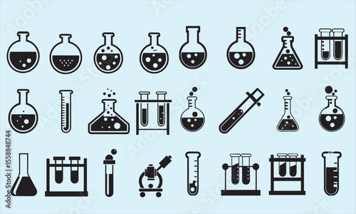 Science editable stroke outline icons set. Laboratory, research, scientist, physics, chemistry, biology, experiment and telescope.