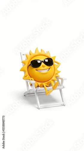 Cartoon sun wearing sunglasses relaxing on a beach chair white background wallpaper