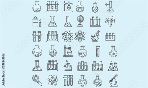 Science editable stroke outline icons set. Laboratory, research, scientist, physics, chemistry, biology, experiment and telescope.