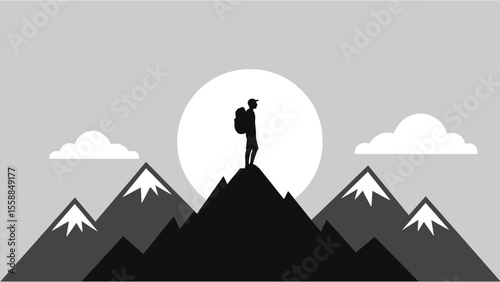 A lone hiker stands on a mountain peak, silhouetted against a bright moon and cloudy sky
