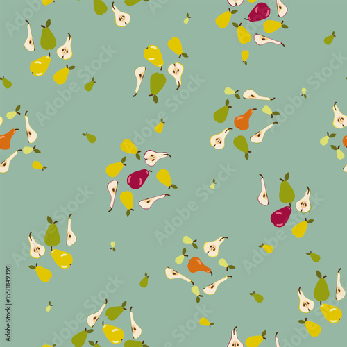 Red, Green and Yellow Pears and Pear Halves Clusters on Green Background. Seamless Pattern Design