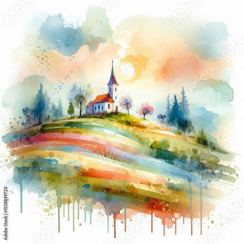 Lonely White Chapel in Blooming Meadow. AI generated illustration