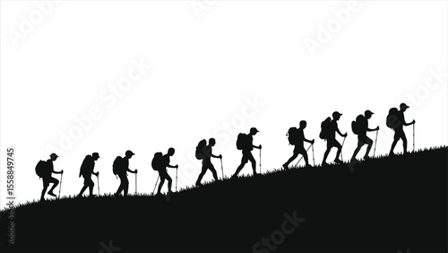 A group of hikers trek up a mountain path, their silhouettes visible against a bright sky