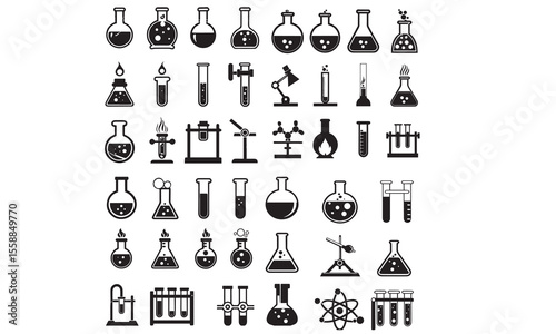 Science editable stroke outline icons set. Laboratory, research, scientist, physics, chemistry, biology, experiment and telescope.