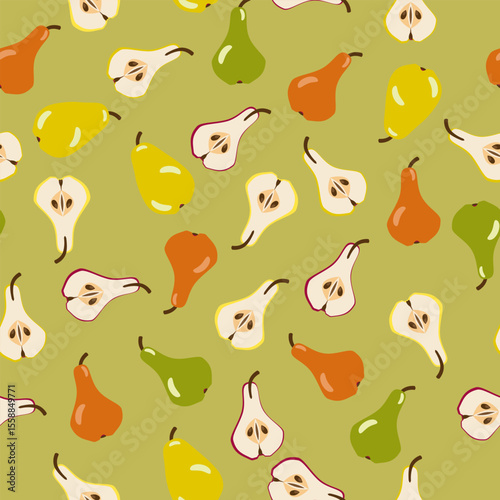 Orange, Red and Green Pears and Pear Halves on Green Background Tossed Around. Seamless Pattern Design