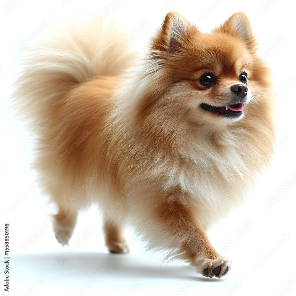Obraz premium Cute Fluffy Pomeranian Dog on White Background. Generative AI