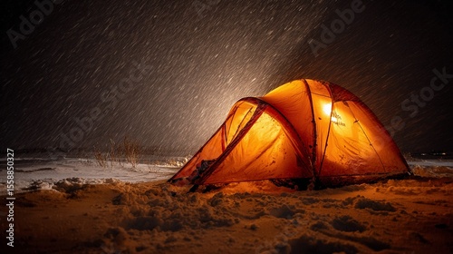 Illuminated tent in a snowy landscape during a winter storm night
