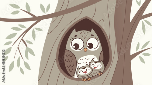 Owl Family in Tree Hollow
