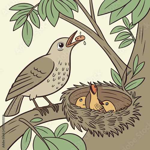 Mother Bird Feeding Baby Chicks in Nest