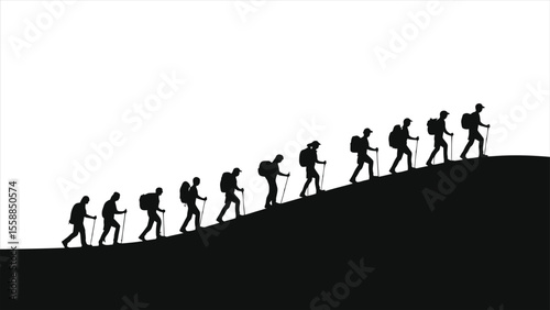 Hikers Climbing a Mountain Trail, Silhouette/A strong, inspiring silhouette of a group of hikers ascending a mountain.