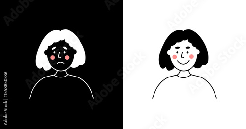 Black and white part of life. Positive and negative isolated vector illustration. Happy, sad woman. Emotional instability, mood swings, female bipolar disorder. Smile, upset girl face. Mental health