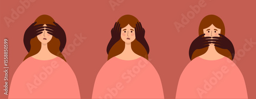 Isolated vector illustration of saying See no evil hear no evil speak no evil. Dakr human hands hold woman head close her eyes, ears and mouth. Female violence, abuse, anxiety. Worry, fright or shame