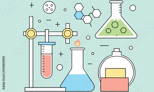 Science editable stroke outline icons set. Laboratory, research, scientist, physics, chemistry, biology, experiment and telescope.