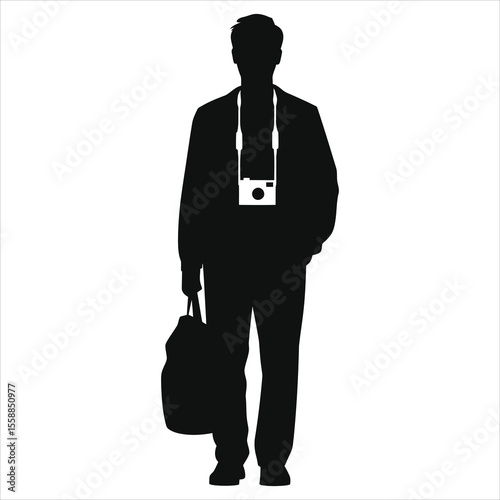 Silhouette of a traveler with a camera and backpack/Full shot silhouette of a man carrying a camera and backpack.