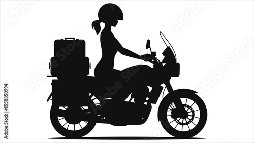 Solo Female Motorcyclist on a Journey/A stylish silhouette of a woman riding a large adventure motorcycle, laden with luggage.