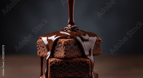 Stack of brownies being drizzled with rich, dark chocolate sauce on a wooden surface, against a dark background.