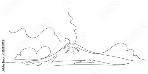 Mountain landscape in continuous one line style. Hand-drawn silhouette of Mount Fuji. Minimalist vector contour illustration of nature, rocks, and panoramic scenery. Isolated linear design.
