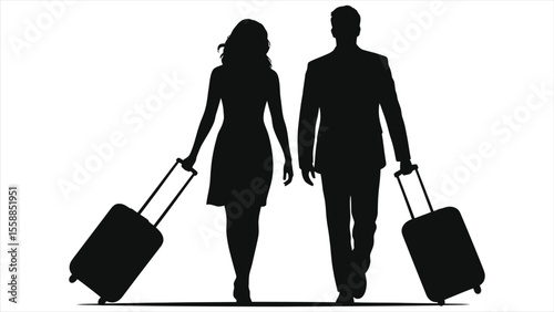 Silhouette of a couple traveling with luggage/A striking silhouette of a man and woman walking, each pulling a wheeled suitcase.