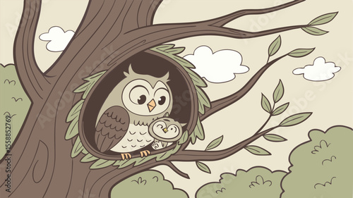 Owl Family in Tree Hollow