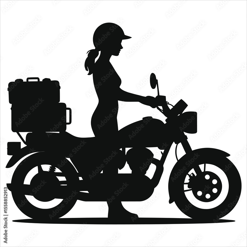 Fototapeta premium Woman on a motorcycle with luggage, silhouette design./A bold silhouette of a woman riding a motorcycle with luggage on the back.