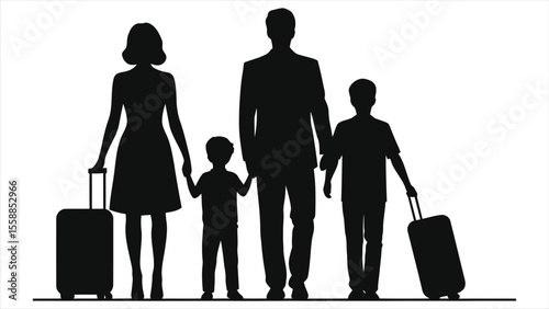 Silhouette of a family with luggage, ready for travel/A simple black silhouette of a family of four, holding hands, each with a suitcase.