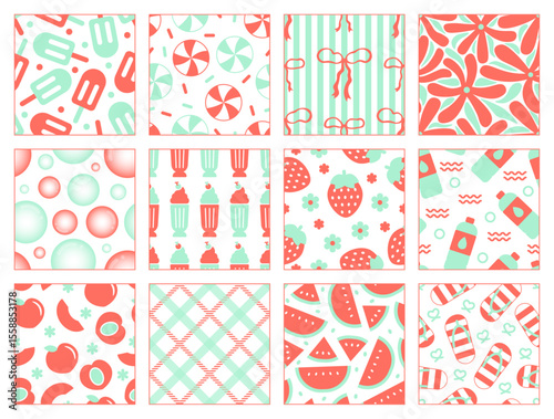 A summer seamless pattern set featuring peach orange and mint green tones across 12 playful seasonal designs.