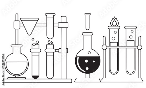 Science editable stroke outline icons set. Laboratory, research, scientist, physics, chemistry, biology, experiment and telescope.