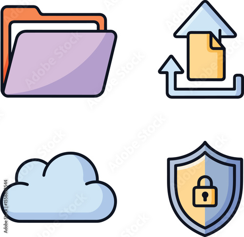 Creative vector icons of cloud storage and file transfer – folder, upload arrow, cloud, shield lock – modern flat UI look