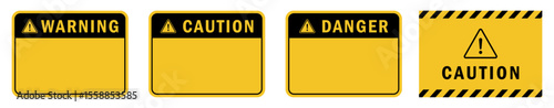 Caution signs hazard stripes and triangle warning icon on white background. Ideal for marking risky zones, attention areas, and safety barriers in industries.