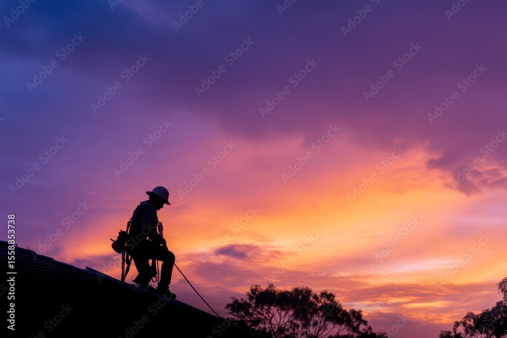 Obraz premium Rooftop worker silhouette at sunset
