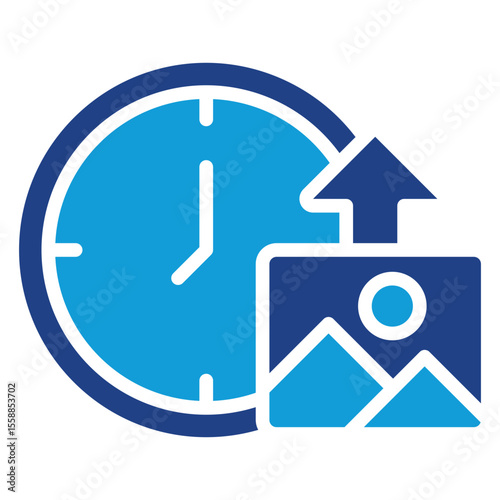 Scheduled Upload Dual Tone Blue Silhouette Style Icon - Clock and image represent scheduled media upload or content publishing time