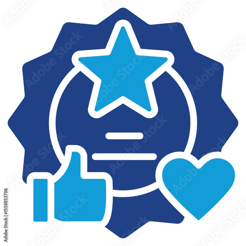 Social Trust Dual Tone Blue Silhouette Style Icon - Badge with thumbs up and heart symbolizes trust, popularity, and positive reputation