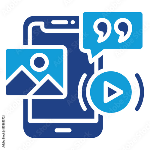 Social Media Post Dual Tone Blue Silhouette Style Icon - Smartphone screen with image, video, and quote elements, representing digital content creation or mobile content