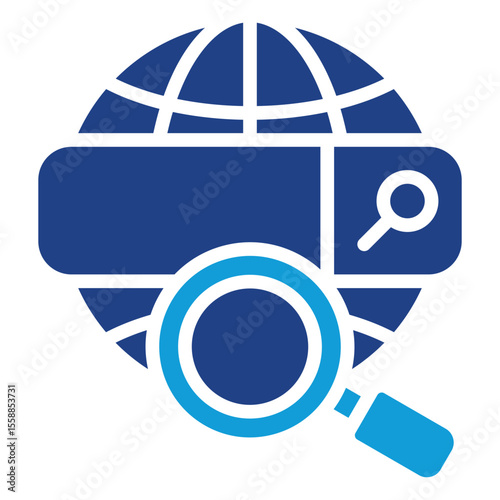 Web Search Dual Tone Blue Silhouette Style Icon - Globe with search bar and magnifying glass, symbolizing global search or online discovery