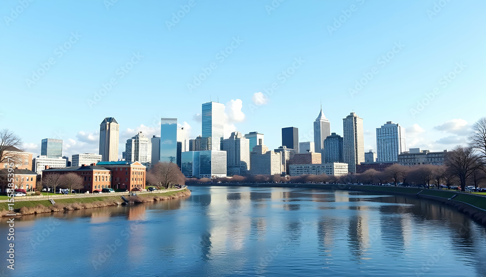 Naklejka premium Cityscape Reflecting in River with Skyscrapers and Blue Sky